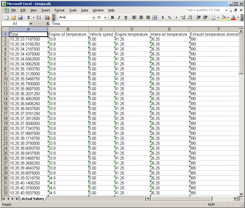 Actual values in Excel spreadsheet